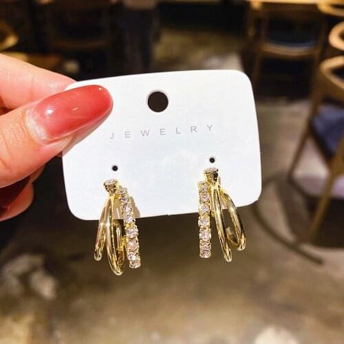 Korean New Trendy Simplicity Plating Stud Earrings Women Fashion Zircon Jewelry Female Delicate Elegant Three Layers Ear Studs