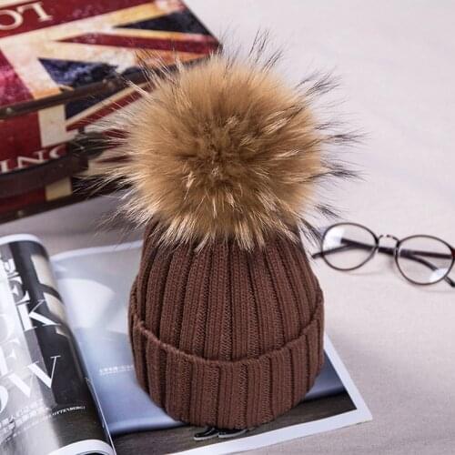 New Womens Winter Knitted Fur Beanie Hats With Real Raccoon Fur Pompoms Caps Ear Protect Ladies Causal Female Hats TWA124