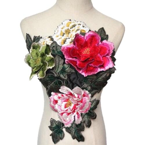 Embroidered 3D Peony Flowers Leaves Sew Patches Trimmings Applique For Wedding Dress DIY Decoration Craft