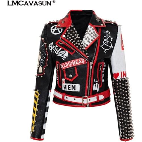LMCAVASUN Womens Graffiti Rivet beading Pu Leather Coats Women Chains Sticthing Leather Jacket Punk Rock Cropped Jacket