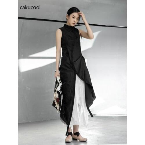 Cakucool new womens dark wind slim temperament sleeveless mesh pleated irregular party dress elegant fashion women