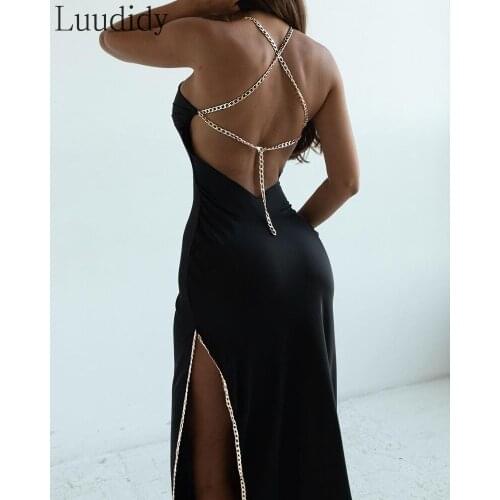 Women Sexy Lace-up Halter Open Back Side Slit Black Party Dress