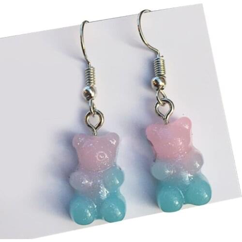 667E 1 Pair Fashion Lovely Candy Color Cartoon Gummy Bear Resin Dangle Drop Earrings Little Animal Charms Ear Danglers Women