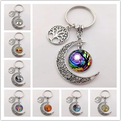 The latest tree of life statement keychain art photo glass moon pendant charm keychain DIY keychain gift jewelry
