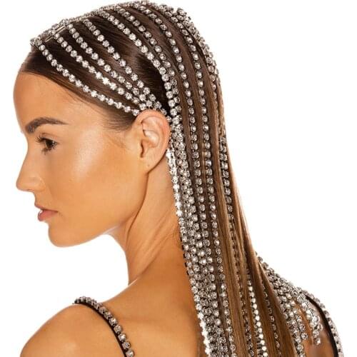 Stonefans Trendy Big Rhinestone Tassel Hair Chain Jewelry for Women Handmade Long Crystal Chain Bridal Hair Accessories Headwear