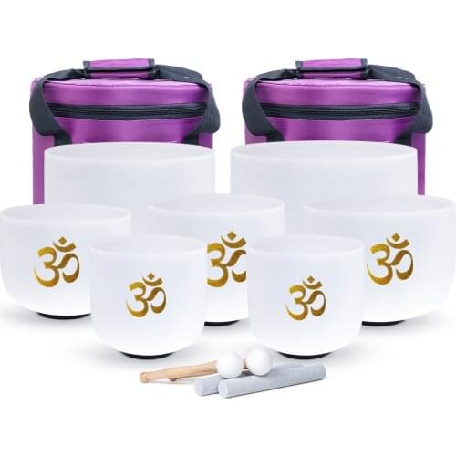 KVKA 7"-12" 432Hz or 440Hz Chakra set of 7PCS Note CDEFGAB Natural Frosted Quartz Crystal Singing Bowl with OM design case