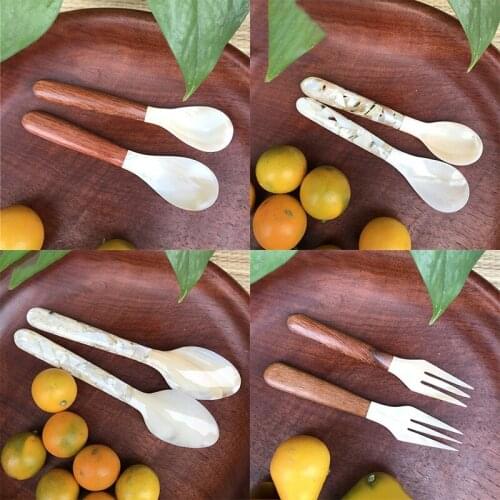 Wooden Sea Shell Stitching Spoon Soup Teaspoon Coffee Ice Cake Caviar Sauce Spoon Fork Baking Tool Set Kitchen Accessories