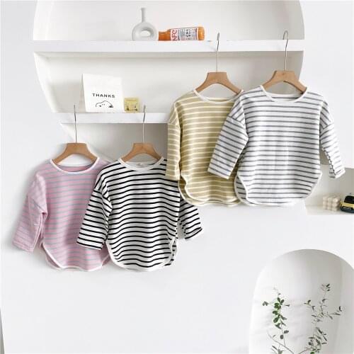 Korean Style Children T shirt 2021 New Medium Long Girls T shirt Casual Loose Striped Boys Tee Tops BB53
