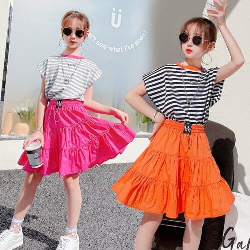Kids Girls Boutique Designer Clothing Suit Summer Striped T-shirt + Short Skirt 2pcs Suit Teenage Girls Birthday Gift Clothes