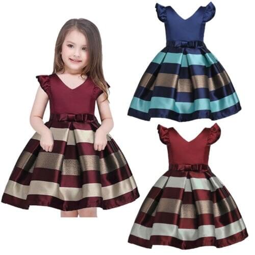 FOCUSNORM Kids Baby Bowknot Striped Girls Dress Princess Formal Gown Party Pageant Sleeveless Dresses