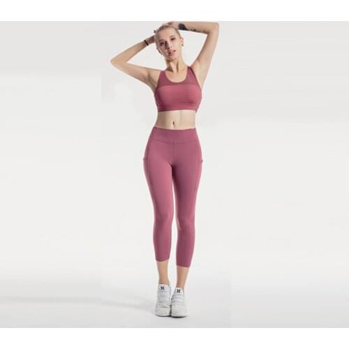 Yoga Set invisible Pocket calf-length Pants Caring Butt Shock abosorber Bra Mesh Straps Criss-crossed cutout Back Sportswear