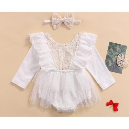 Lovely Newborn Baby Girls Fly Sleeve Romper Set Ruffle Long Floral Lace Jumpsuist + Headband With Bowknot 2Pcs Outfits Set