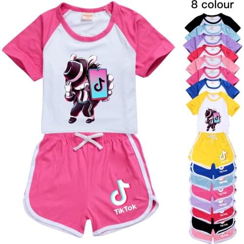 TIK TOK Summer Boys Girls Cartoon Clothing Set Kids T-Shirts+Sports Shorts 2pcs Outfits Fashion Teenagers Tracksuit 2-16Y