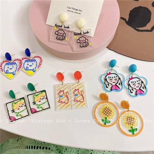 Cute Acrylic Earrings Summer Acrylic Samll Cat Cartoon Painting Lovely Earrings For Girls Candy Colored Unique Sweet Earring New