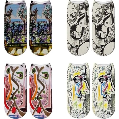 3D Printed Abstract Graffiti Famous Painting Funny Socks Summer Women Picasso Oil Painting Short Ankle Socks Calcetines Mujer