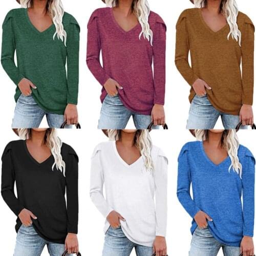 Solid Color Tshirts Women Loose Long Sleeve Tee Tops Soft Polyester V Neck Tshirts for Women Bottoming Tees Tops femme T-Shirts