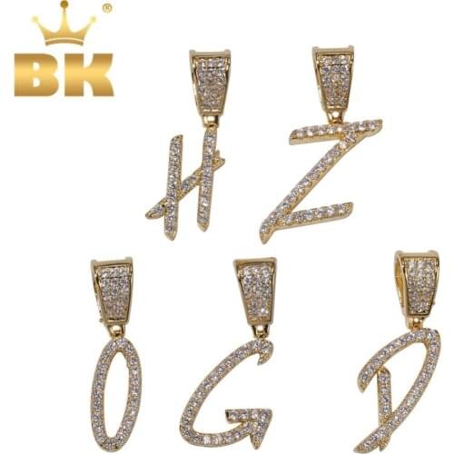 THE BLING KING Single Cursive Writing Initial Letters Necklaces & Pendant For Men Women Full Gold Color Iced Out Hiphop Jewelry