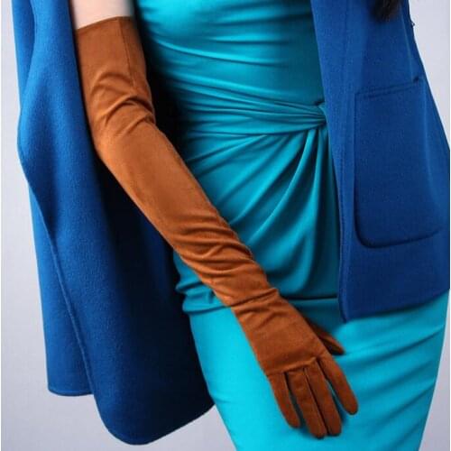Womens Fashion Elegant Faux Suede Leather Glove ladys Club Performance Formal party Brown Color Long Driving glove 70cm R645