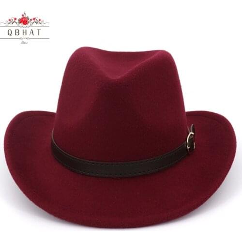 QBHAT 2020 Western Cowboy Hat Wool Felt Wide brim Fedora Hats with Belt Buckle Men Women Carnival Party Trilby Hat Sombrero