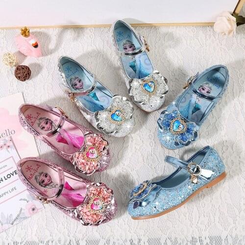 Disney girls elsa princess shoes childrens leather shoes little girl performance shoes bow crystal shoes frozen