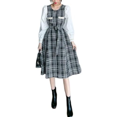 PERHAPS U Round Neck Puff Sleeve Embroidery Plaid Shirt Stitching Lacing Tweed Dress Party Dress D3021