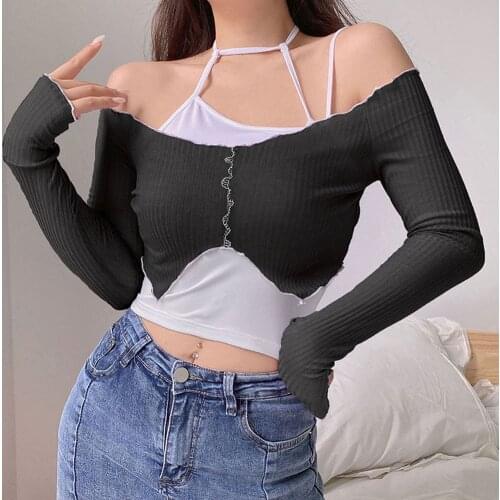 Y2K E-Girl Trendy Cropped Jumper Off The Shoulder Tops Thin Knitted Cardigan Women Long Sleeve Pullovers Summer Lettuce Trim Top