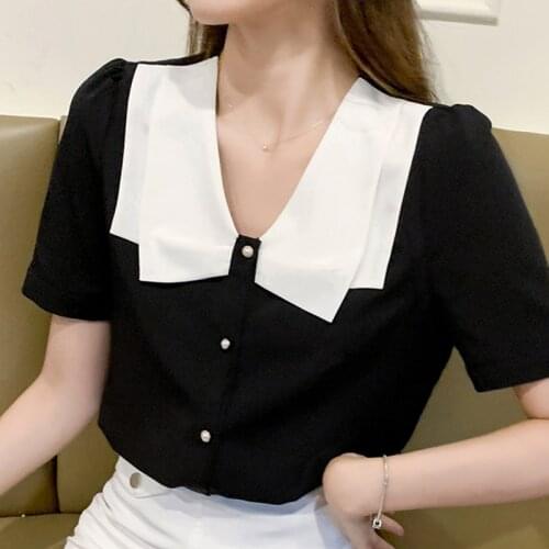 Summer Women Black Blouse Short Sleeve V-Neck Chiffon Blouse Shirt Tops Blouse Women Blusas Mujer De Moda 202 Blouses Femme F59