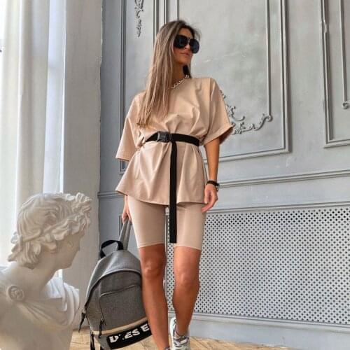 STYLISH LADY Casual Home 2 Piece Set Women T Shirt and Shorts Set with Belt 2020 Summer Women Loose Sports Two Piece Tracksuits