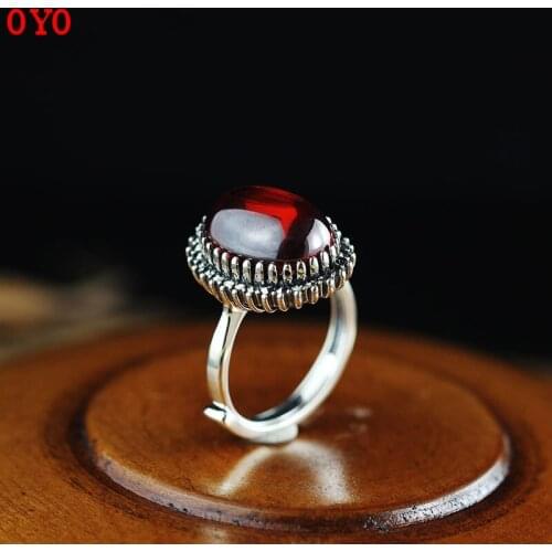 100%S925 Sterling Silver Jewelry Fashion Handmade Multi-Prong Inlaid Pomegranate Red Open Lady Ring