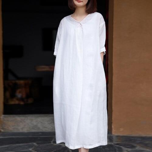 Women Loose V Neck Linen Embroidered Dress Ladies Loose V Neck Flax Dresses Female 2021 Summer Dress