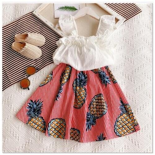 Baby Girls 2pcs Sets White T-Shirt+pineapple Printed Skirt Kid Summer Outfits Causal Costume for Children Girls Birthday Clothes