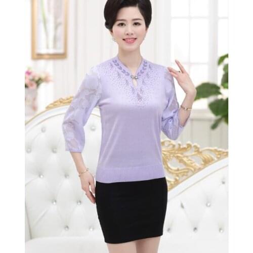 2017 Newest knitted Shirt solid Elegant Womens half Sleeve knitted diamonds beading Blouse Shirts