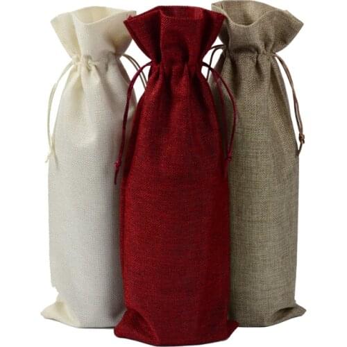 3 Colors Linen Drawstring Wine Bags Dustproof Wine Bottle Packaging Bag Champagne Pouches Party Gift Wrap W9096