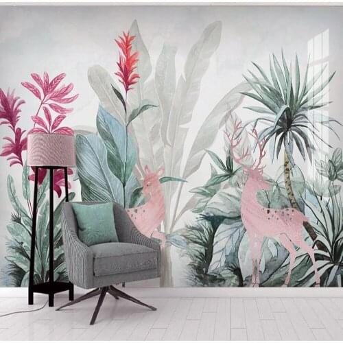 Custom 3D wallpaper mural Nordic tropical plant banana leaf elk living room background wall decoration painting wallpaper
