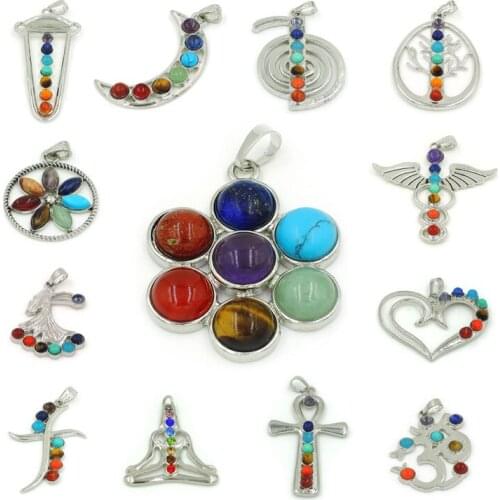 7 Chakra Stones Mixed Shapes Pendants Of Plating Platina Stones Glued On Copper Settings