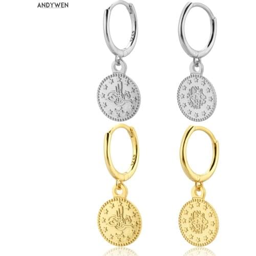 ANDYWEN 925 Sterling Silver Round Coins Pendiente Drop Earring 2020 Rock Punk Slim Dangle Charm Fine Jewelry For Women