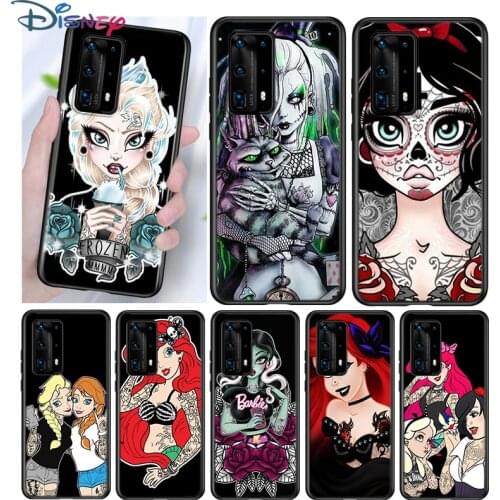 Disney Tattoo Cartoon Princess Silicone Cover For Huawei P40 P30 P20 Pro P10 P9 P8 Lite E Plus 2019 2017 5G Black Phone Case