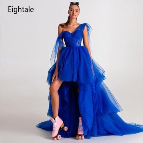 Elegant Royal Blue Prom Dresses Sweetheart A-Line High Low Arabic Evening Party Gown Tulle Celebrity dress for Graduation