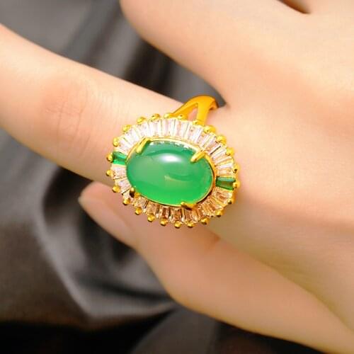 Ethnic Womens Ring 24K Gold Color Oval Vintage Delicate Green Natutal Stone White Crystal Finger Rings Bride Wedding Jewelry