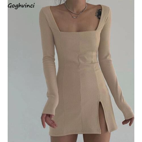 Mini Dress Womens Slim Long Sleeve Sexy Lady Leisure Clubwear Square Collar Knitted Stretchy Pure Low Cut Simple Female Fashion