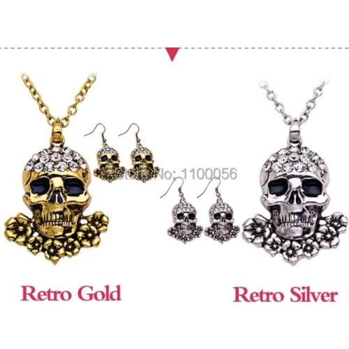 Fashion Gold Skeleton Necklaces Sets for women Halloween white long necklace Punk Rock Rhinestone Skull Necklace T1576