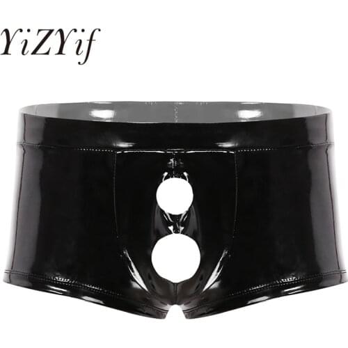 Mens Lingerie boxer shorts underwear men Wet Look Patent Leather Low Rise Bulge Pouch with Holes Boxer Shorts Underwear