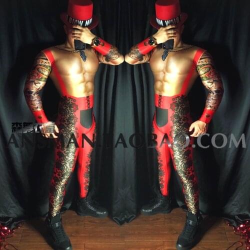 Nightclub Bar Party Male DJ DS 3D Fake Muscle Abs Red Jazz Perspective One-piece Costumes Same Sex Christmas Carnival Party