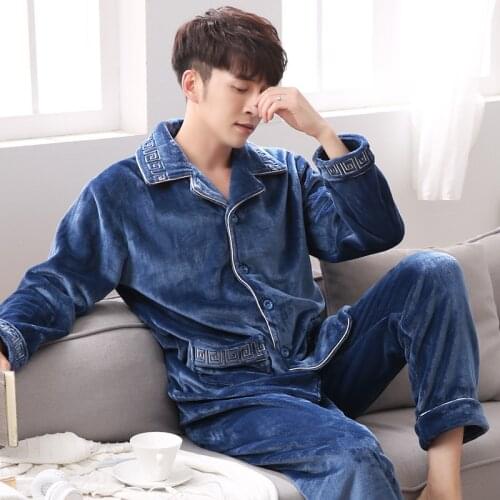 Plus Size Mens Pajamas Suits 2PCs Autumn Winter Thick Male Leisure Wear Coral Velvet Noble Style Homewear Flannel халат мужской