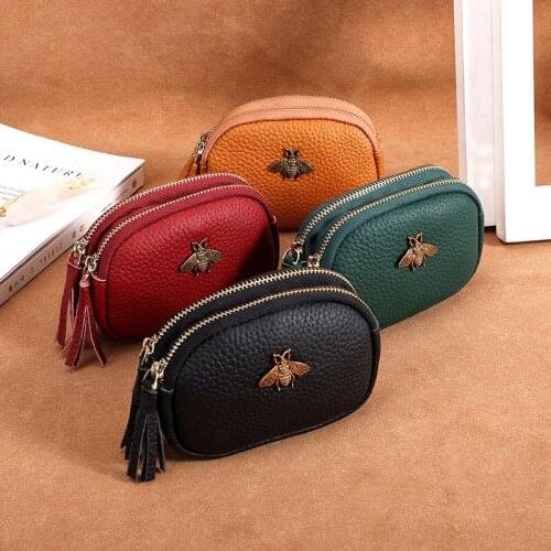 New Double Zipper Womens Short Wallet Fashion Soft Genuine Leather Large Capacity Coin Bag Women Coin Purse Small Bee Mini Bag