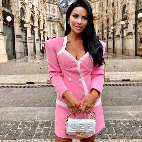 Wide Shoulder Long Sleeve Dress 2020 Autumn New Pink Square Collar Personality Double Breasted Button Casual Ladies Dress Female
