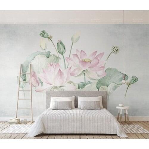 Custom 3D Photo Wallpaper Mural Hand-painted Watercolor Pink Lotus Fresh TV Wall Study Wallpaper Living room Home wall Decor