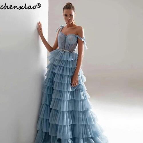 Fabulous Dusty Blue Prom Dress Crystals Evening Dress Tiered Formal Evening Party Gowns Vestidos De Festa