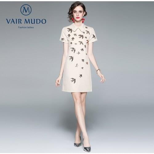 Western Style Simple Women Eleagnt Skirt Summer Dress New Doll Collar Lapel Small Black Dress Embroidered Sequin Female Y-134