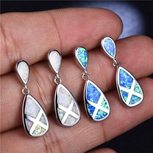 Luxe Style Teardrop Stone White Blue Fire Opal Earrings For Women 925 Sterling Silver Filled Female Wedding Drop Earring Jewelry